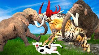 Giant Tiger Bull Attacks Cow Cartoon Saved By Woolly Mammoth Elephant Vs Zombie Bull