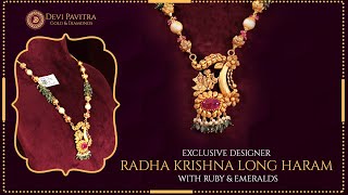 Radha Krishna Nakshi Long Haram With Ruby Emerald beads and Pearls II Devi Pavitra Gold & Diamonds