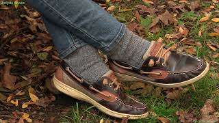 Fashion Shoot: Sperry Topsider boat shoe product showcase, up close outdoors in Fall weather