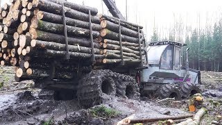 Logset 6F logging in wet forest, difficult conditions, big load