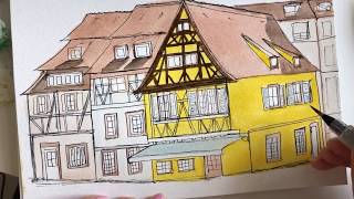 Watercolor painting tutorial 2018 | Line and wash illustration | France | European Architecture