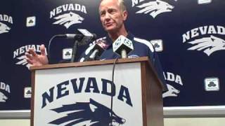 Nevada football head coach Chris Ault speaks at Wolf Pack Media Day