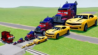 Big &Small Bumblebee Pixarized vs Optimus Prime vs Train ChooChoo Charles with Triple Head in BeamNG