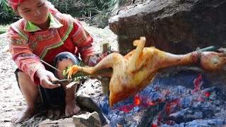 Primitive technology - find chicken by hand - burn with cabbage eating delicious