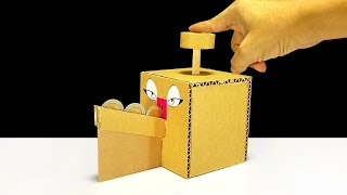 How to make coin box, press the button From Cardboard | ออมสินรางเหรียญ กดปุ่มเข้ากล่อง