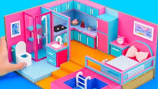 DIY Miniature Cardboard House #42 with Pink & Blue Kitchen, Bedroom, Bathroom and Swimming Pool