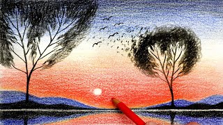 Sunset Painting Color Pencil | Very Easy Scenery Drawing How To Draw Simple Scenery For Beginners