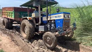 Swaraj 744 FE || 2wd drive || fully loaded trolley stuck in mud || kubota mu4501 4wd tractor helping