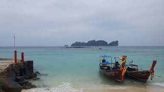 Phi phi island walk along the coast of long beach, palm trees, cafes, diving, boats 1 part