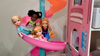 Elsa & Anna toddlers - LOL dollhouse - spiral slide - slime play