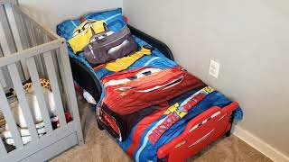 Our son gets promoted to his toddler Lightning McQueen bed!