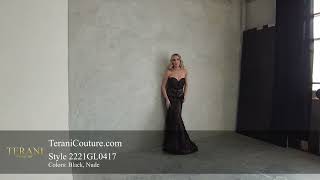 Strapless Black Embroidered Feathers Pageant Dress | Terani Couture | 221GL0417