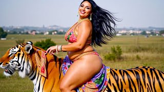 [4k] ai hot indian woman, Ai Lookbook Indian woman over 40 ,saree model riding tijger, ai art  dehli