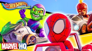 Spider-Man Car and Captain Marvel Car Race vs. Green Goblin Car! | Hot Wheels RacerVerse