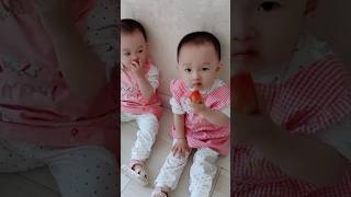 Baby twins sit down to eat strawberries