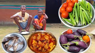 90 years old grandma cooking FISH CURRY with LADYFINGER and BRINJAL FRY || village life cooking