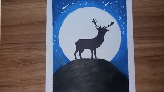 Deer in the Moonlight drawing with Oil Pastels for Beginners step by step