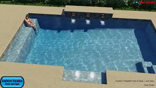 Modern, Geometric Pool With Raised Fature Wall, Bubbler Shelf and Full Swimout Bench