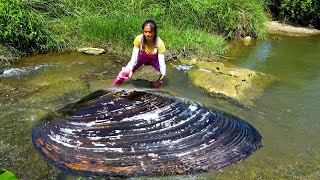 The beautiful woman opened the big stone and indeed there was a large cargo underneath