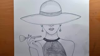 Como desenhar uma garota lindo usando chapéu grande - desenho a lápis  fácil || Desenho de menina