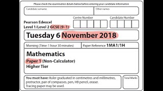 GCSE Mathematics November 2018 - Paper 1H (Non-calculator)