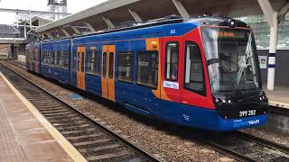 Supertramp tram train 202 is seen passing though  Rotherham Central driver training to Sheffield