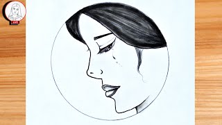 Pencil drawings in circle, crying girl drawing