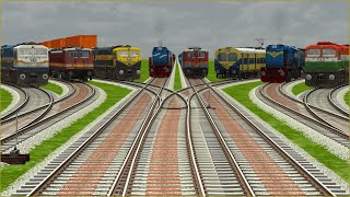 4+4 INDIAN TRAINS CROSSING AT DIAMOND FORKED RAILROAD TRACKS | Train Simulator | Railroad Crossing