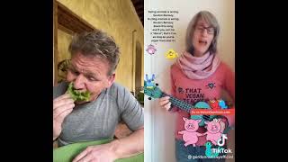 gordon ramsey eatng a meat sandwich while listening to the vegan teacher singing about him