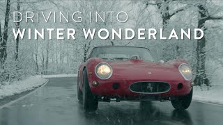 Driving into Winter Wonderland in a Drogo-bodied Ferrari 250GT.