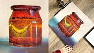 Realistic Oil Painting in Process. Step by Step. Still Life. Glass Painting. Orange Vase