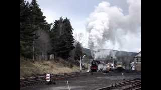 First day back in traffic Ivatt class 2, 46512 shunts at Boat of Garten on the Strathspey Railway.