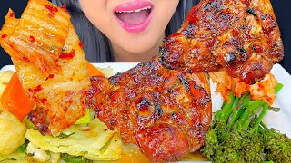 ASMR TERIYAKI GRILLED CHICKEN, BUTTERED VEGGIES AND KIMCHI (Mukbang)