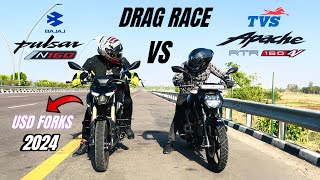 bajaj pulsar n160 2024 vs tvs Apache rtr 160 4v | drag race | who is the king 👑