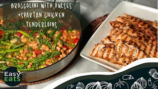 Broccolini with pulses and spartan flavoured chicken tenderloins