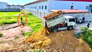 Wow, Huge Landfill Near The Factory For Develop The City By Bulldozer Pushing & Truck Dumping Stone