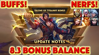 SMITE PATCH NOTES 8.3 Talons of Tyranny Bonus Balance + New Skins + Only God Nerfs