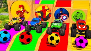 4 MONSTER TRUCKS SUPERHEROES VS SLIDE COLORS - Big & Small: Mcqueens vs Thomas Trains - BeamNG Drive