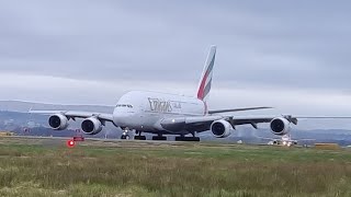 Emirates airbus A380 departure from Glasgow Airport for Dubai