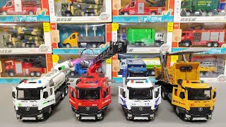 Review Of Diecast Trucks Of Sprinkler Tank Truck, Fire Truck, Flatbed Truck, Dump Truck