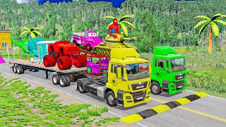 Double Flatbed Trailer Truck vs Speedbumps Train vs Cars | Tractor vs Train Beamng.Drive #14