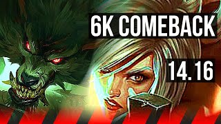 WARWICK vs RIVEN (TOP) | 6k comeback, 7 solo kills, 800+ games, 36k DMG | EUW Diamond | 14.16