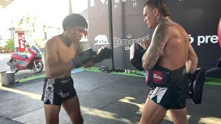 Raw Muay Thai pad work - Eddie Farrell with Thai fighter Poom