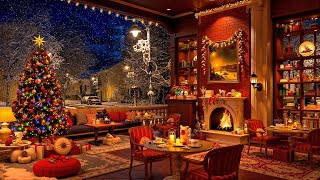 Snowfall Night ❄ Christmas Coffee Shop Ambience with Soft Jazz Music & Fireplace Sounds for Sleep