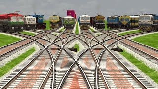 TEN TRAINS CROSSING ON CROSSED CURVE FORKED 3D RAILROAD CROSSING TRACKS |Train Simulator