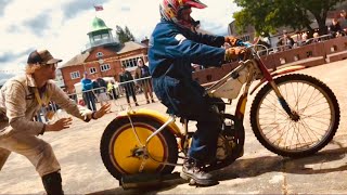 BROOKLANDS Motorcycle Day 2024 SPEEDWAY Bike Racing Along that START FINISH Straight with JAP Engine