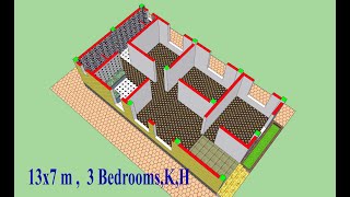 نقشه سه خوابه با جرئیات کامل دو بعدی و سه بعدی Three bedroom plan with full 2D and 3D details