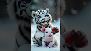 Cute white tiger and little pig, cute animal moment 🐅🐖#tiger #pig #cute #shorts