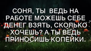 Соня, ты  ведь на работе можешь себе денег взять, сколько хочешь? А ты ведь приносишь копейки.  ||