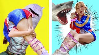 7 Easy Self-Defense Tips for Girls❤️Harley Quinn Escapes King Shark by LOL Dojo👍HAPPY DOJO👍